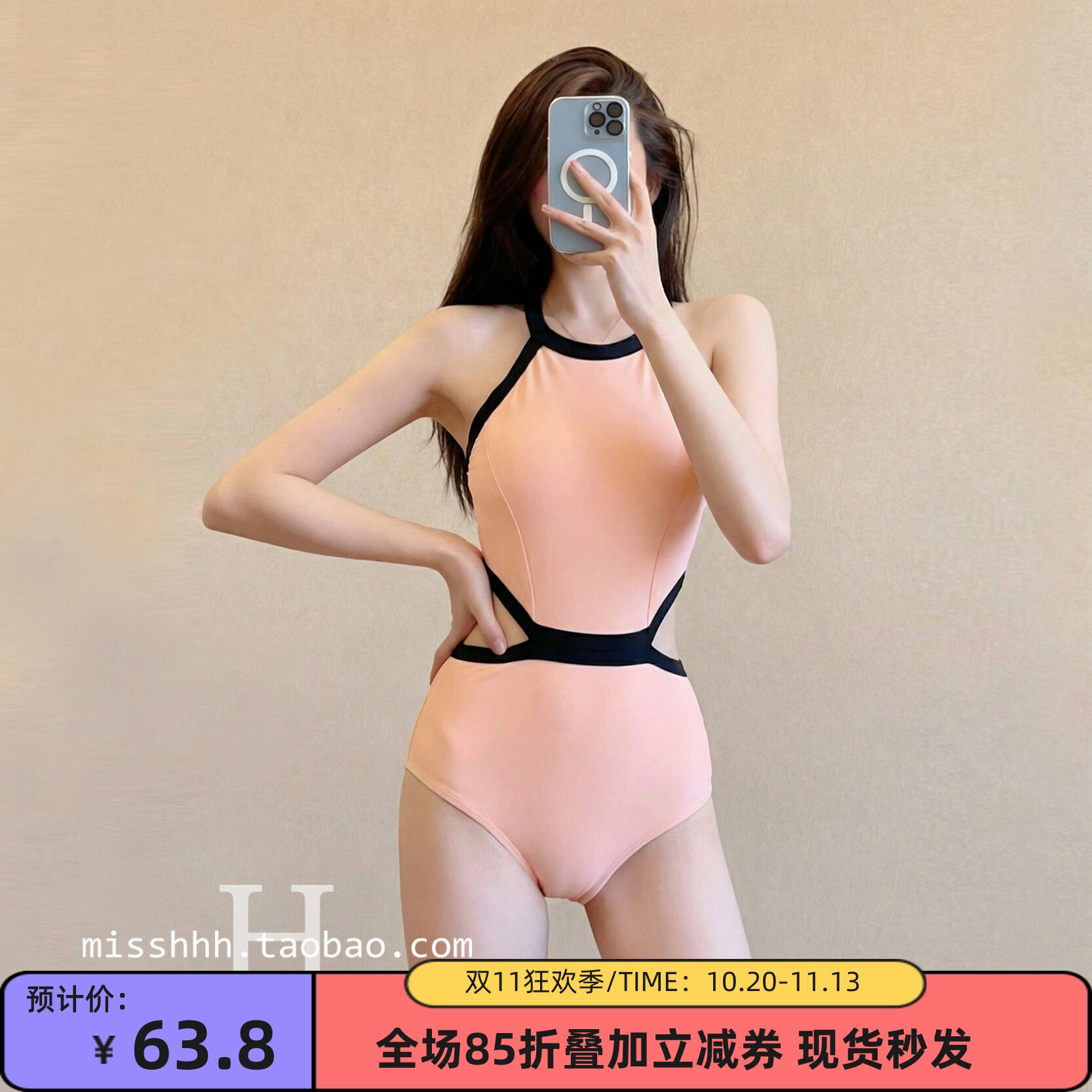 纯欲挂脖连体泳衣女小胸遮肚显瘦