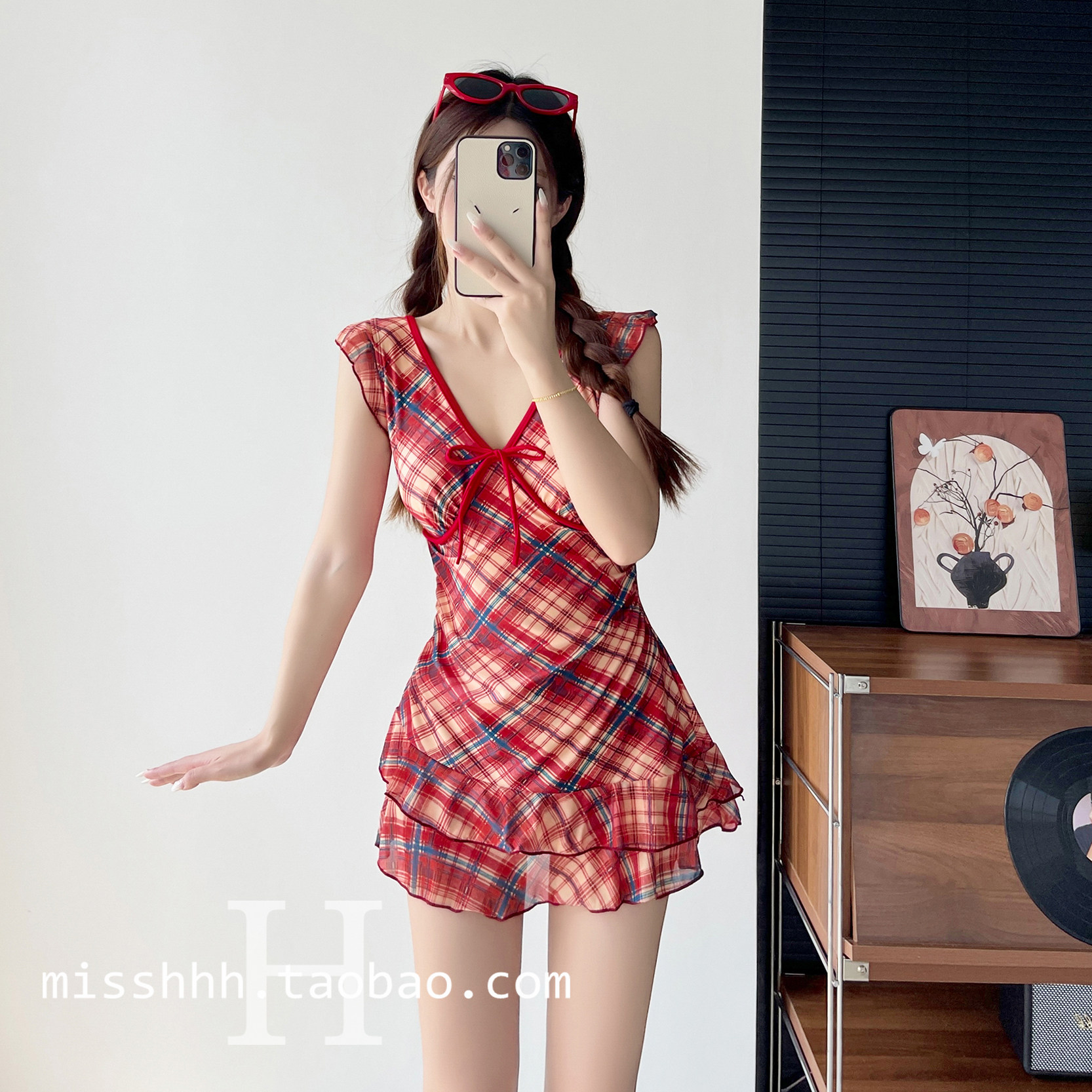 泳衣女高级感复古格子露背纯欲