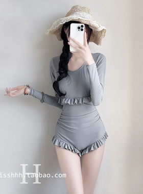 2024高级感游泳衣性感长袖显瘦小胸保守遮肚美背学生防晒温泉泳装