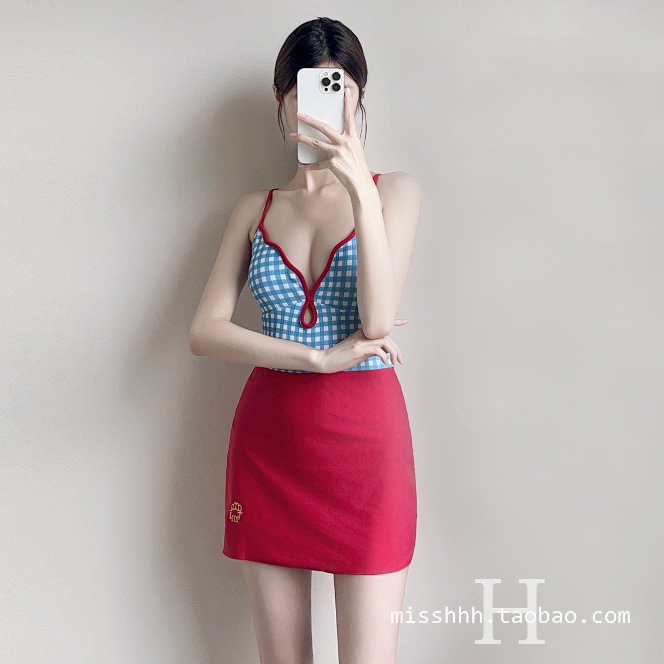 纯欲格子裙式连体泳衣女遮肚显瘦