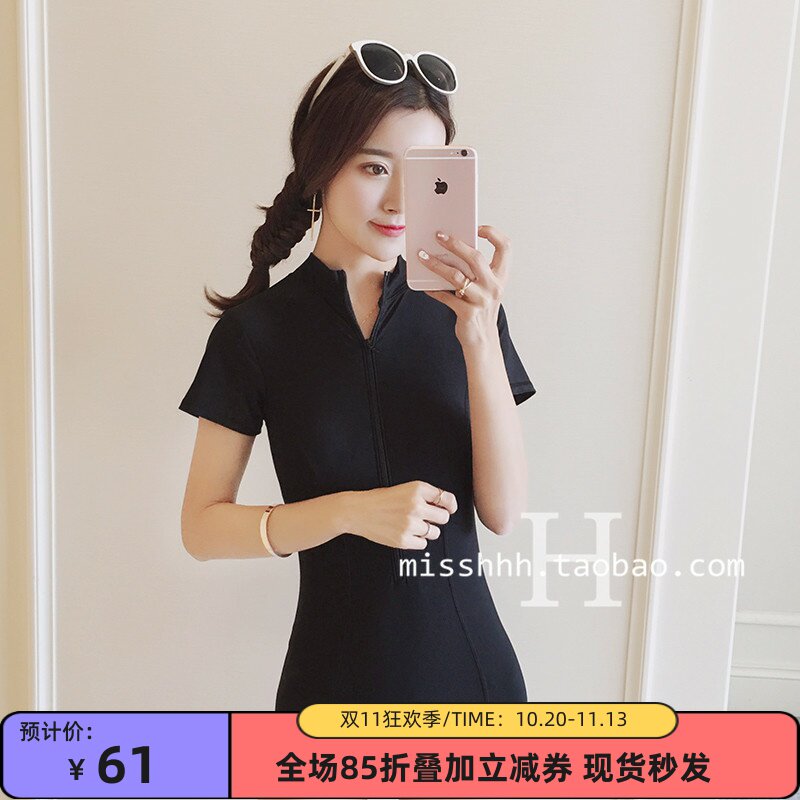 运动大牌韩国黑色复古温泉性感时尚修身显瘦女士三角连体泳衣高领