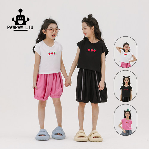 Paw家原创女童夏装三色草莓T恤潮