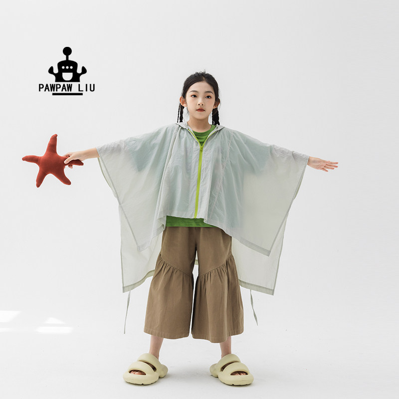 Pawpaw Liu原创设计儿童防晒衣2025新款女童云灰色披风斗篷UPF40+