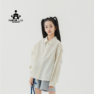 Pawpaw Liu原创设计女童春装衬衫2026新款儿童米色小方领条纹衬衣