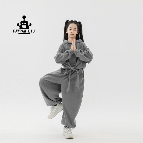 Paw家原创女童灰色系带卫衣套装