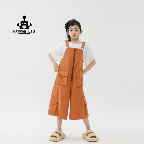 Paw家原创儿童橘色背带裤春夏款