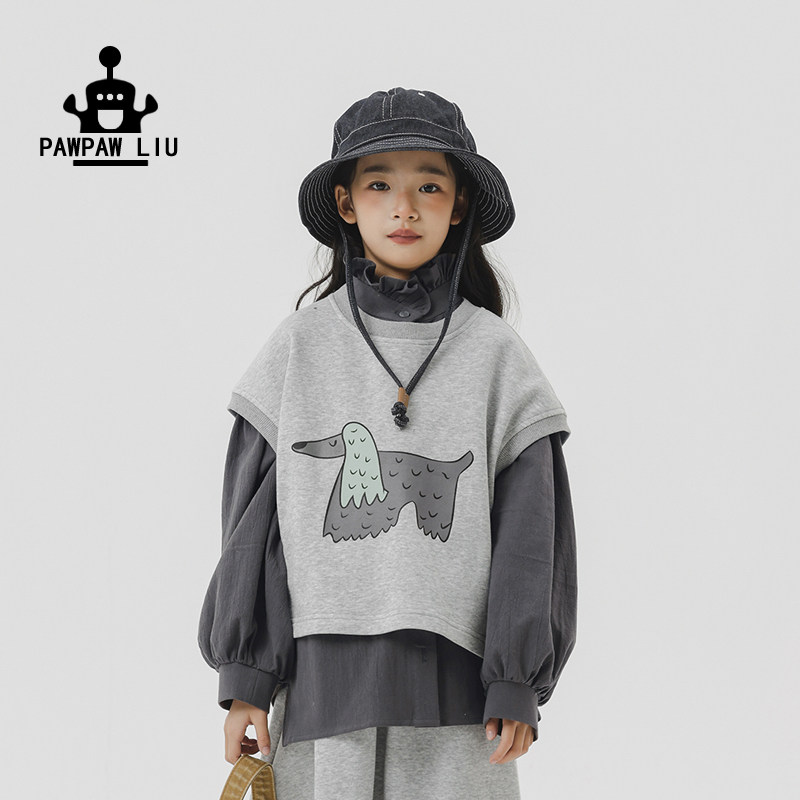 Pawpaw liu原创设计儿童马甲男童春款童装女童灰色宽松过肩背心潮