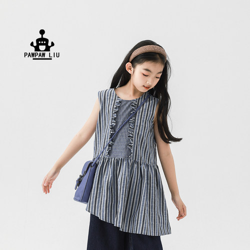 Paw家女童蓝灰条度假风小衫夏季