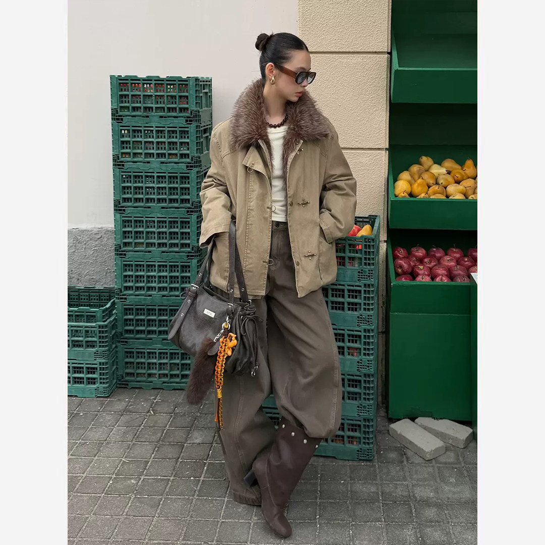 几多芝MUCHZHI  毛毛领夹棉保暖外套百搭宽松厚实博主感棉服Y613#