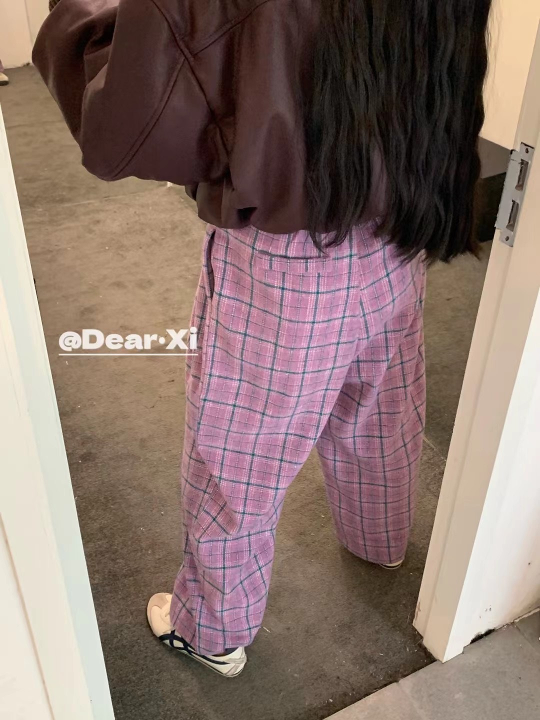 复古格子裤磨毛阔腿裤