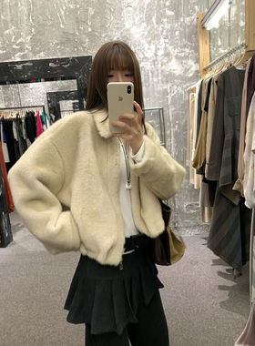 几多芝MUCHZHI  温柔千金感翻领仿貂毛环保皮草拉链外套12907#