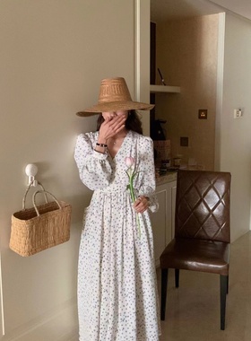 几多芝MUCHZHI 春季碎花优雅收腰显瘦V领温柔连衣裙3718#