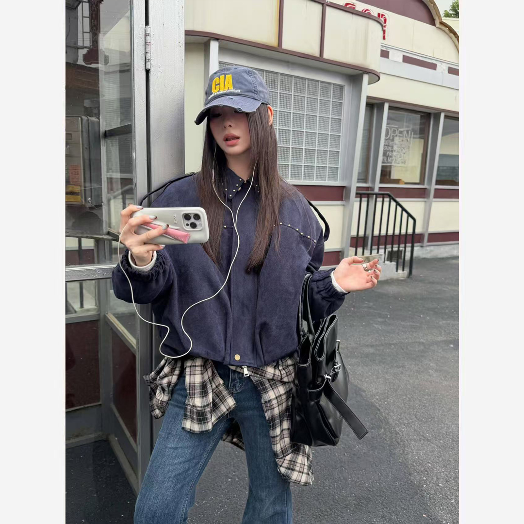 几多芝MUCHZHI  美式重工铆钉短款外套仿麂皮夹棉夹克加厚Y622#