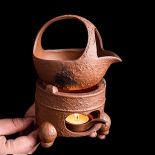 岩矿粗陶烤茶盘蜡烛温茶炉创意陶制茶具增香醒茶复古小盘提梁防烫