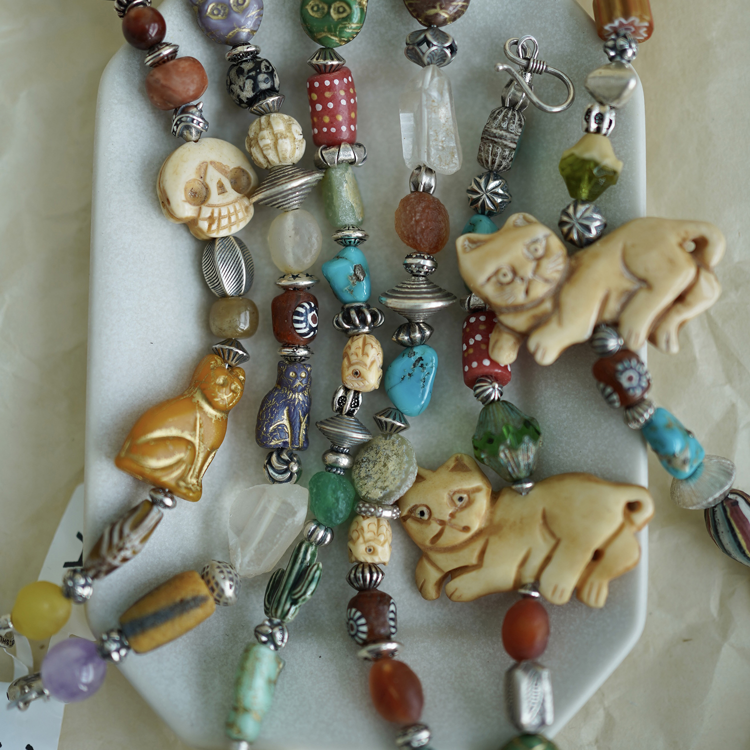 睡莲生生世世 手工骨雕猫咪老珠子手链925纯银天然石手串一物一款