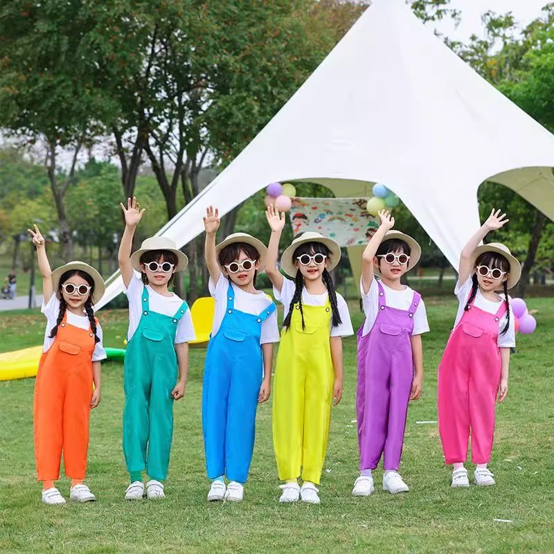 儿童啦啦队演出服装糖果色多巴胺短袖背带裤毕业照班服运动会六一
