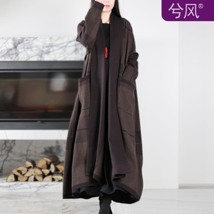 兮风品牌复古大气长款 风衣女2025秋冬新宽松禅意格纹针织长外套厚