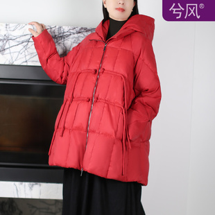 兮风品牌复古文艺气质中长羽绒服女脱卸帽下摆抽褶防风保暖外套冬