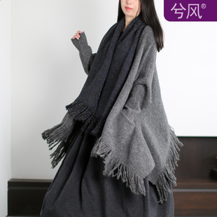 兮风秋冬复古大气势羊毛衣开衫拼色围脖落肩多穿法加厚中长外套女