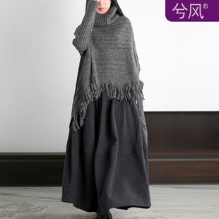 兮风秋复古文艺宽松A字大摆廓形流苏毛衣女堆堆领中长不规则上衣