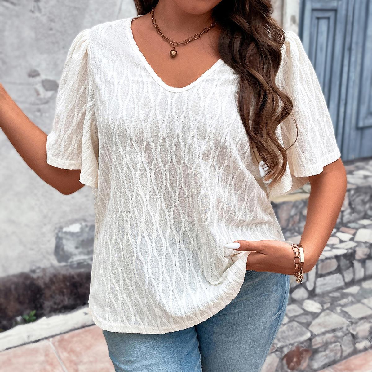 Plus Size V-Neck Top Female Loose Fit White Color Blouse