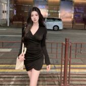 Fan dress Sexy sleeved goddess short waist collar pleated