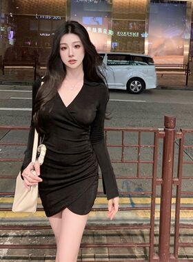 Sexy dress goddess Fan collar short-sleeved pleated waist th