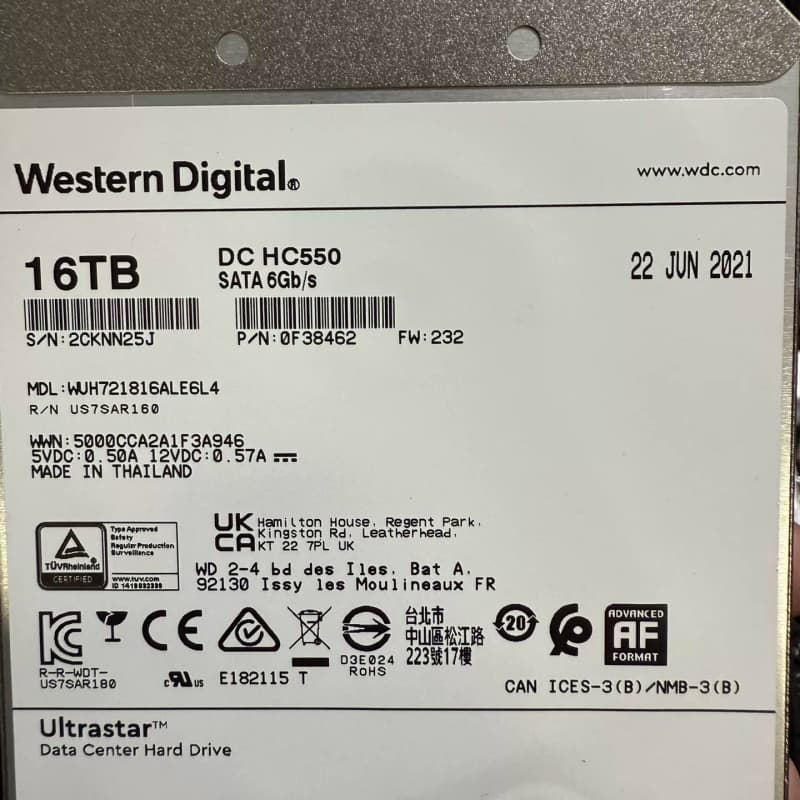 西数16T企业级硬盘,型号DC HC550,SATA 6Gb--议价商品