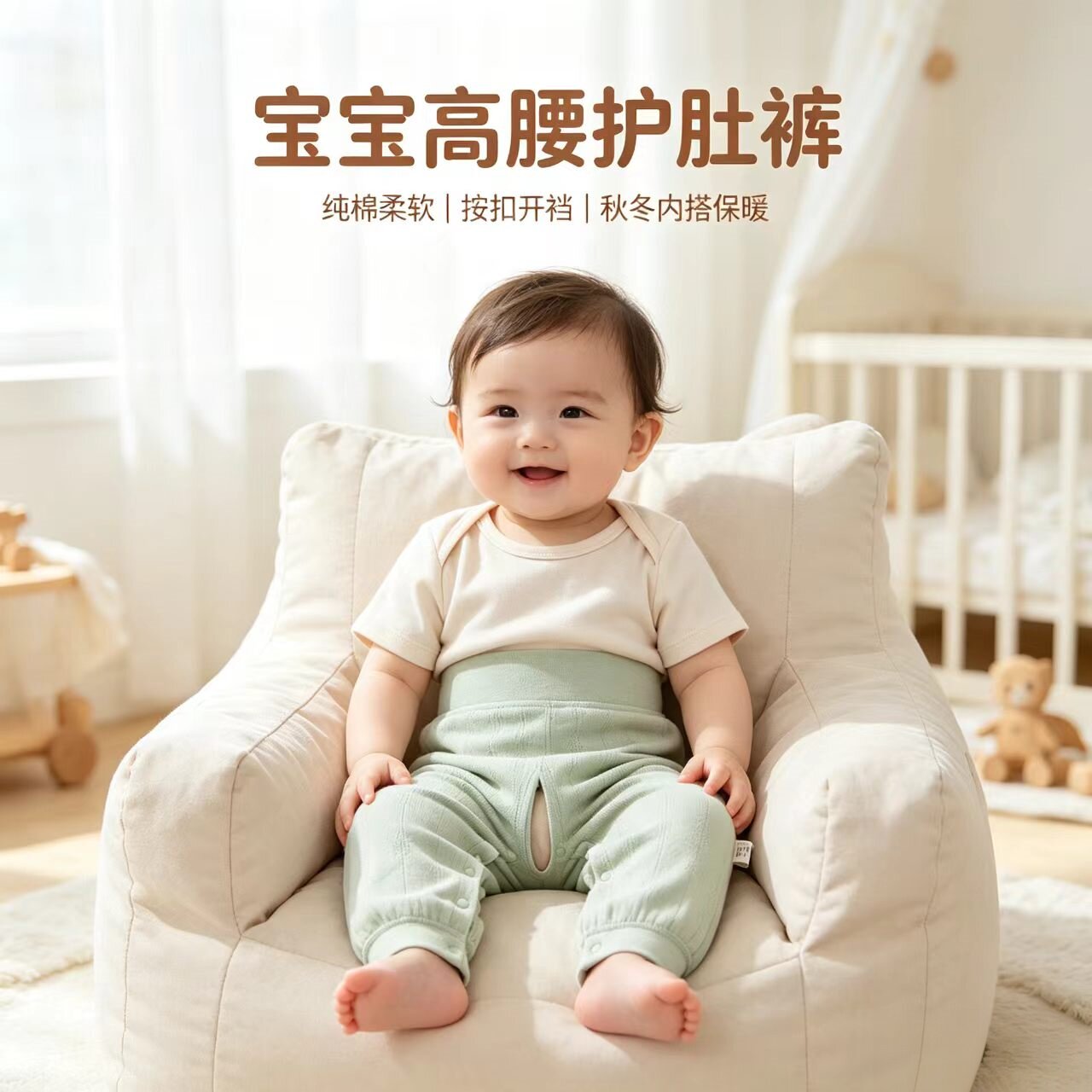 婴儿高腰护肚裤子秋冬纯棉打底