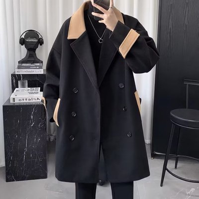 男款毛呢外套2025新款秋冬男生青少年大衣大学生中长拼色呢子风衣