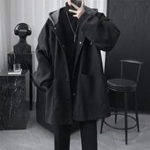 男款 毛呢外套冬中长连帽假两件保暖呢子风衣2025新款 夹棉加厚大衣