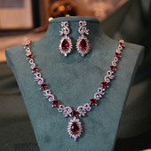 新娘项链红色宝石镀金主婚纱耳环套装 抹胸礼服配饰婚礼晚宴配饰