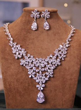 高级锆石项链耳环套装奢华新娘婚纱礼服配饰超闪生日婚礼宴会饰品