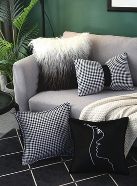 黑色千鸟格抱枕套组合枕芯ins黑白长毛渐变靠办公室刺绣腰枕含芯