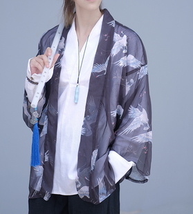 原创新中式国风夏黑色薄纱雪纺仙气和风防晒衫开衫仙鹤羽织外套