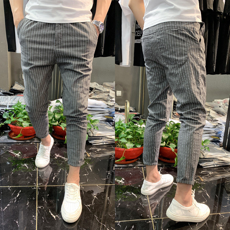 潮男春秋款小脚男装哈伦裤潮流条纹九分裤小腿休闲裤修身时尚男裤