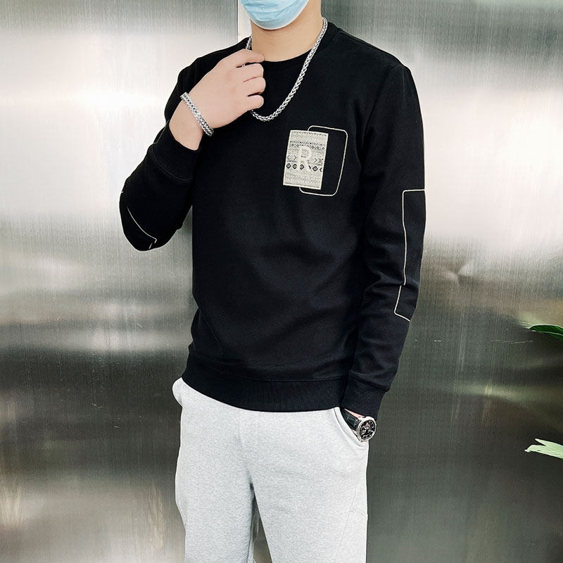 秋冬新款潮流字母印花男装长袖T恤 韩版修身纯色加绒加厚圆领卫衣