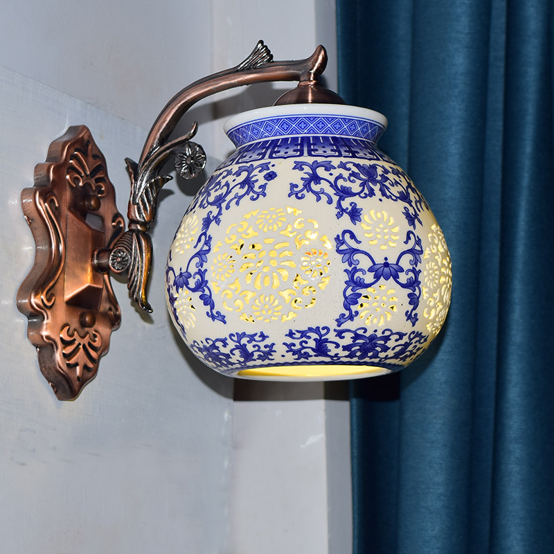 新中式国潮中古景德镇青花瓷古铜色过道床头走廊客厅餐厅阳台壁灯