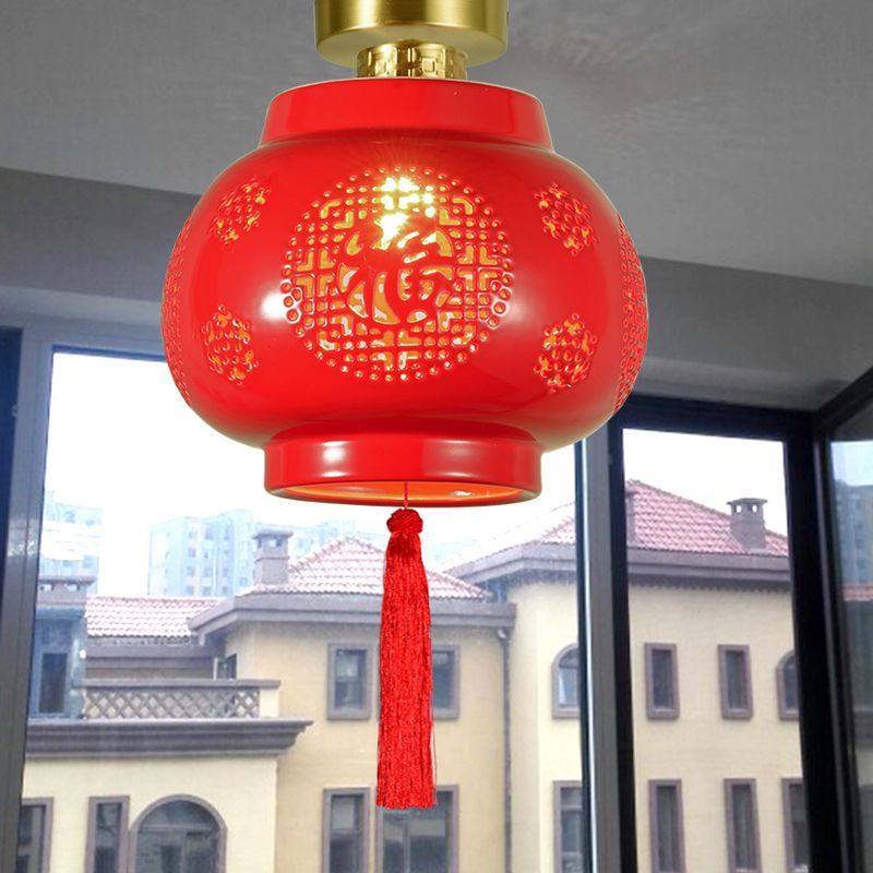 全铜新中式中国风景德镇陶瓷阳台走廊过道玄关入户门头红灯笼吊灯