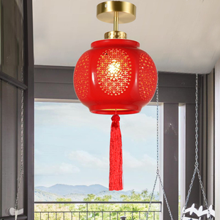 金色全铜景德镇陶瓷阳台过道玄关门厅别墅走廊橱窗红灯笼莲花吊灯