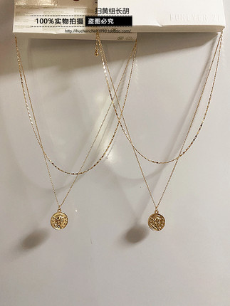F21FOREVER21硬币人头像欧美简约INS街拍COS极细项链小众爱心双层