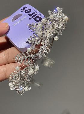 CLAIRES正品折扣清仓欧美简约百搭时尚满钻珍珠树叶发箍饰品超闪