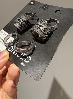 HM正品折扣清仓欧美简约INS几何COS做旧银色波希刻纹镂空戒指组