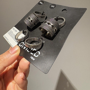 HM正品折扣清仓欧美简约INS几何COS做旧银色波希刻纹镂空戒指组