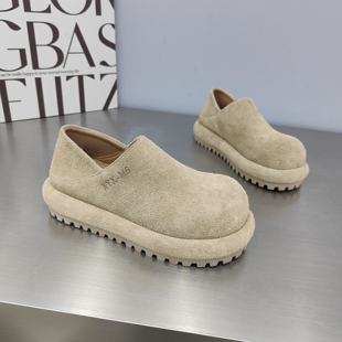 韩版大头磨砂皮乐福鞋女2026早春新款圆头一脚蹬平底简约奶奶单鞋