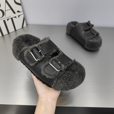 2025新款韩版厚底外穿毛毛拖鞋女皮带扣纯羊毛一字拖秋冬季穿棉拖