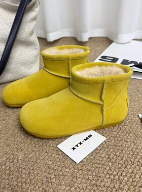 磨砂牛皮博肯雪地靴女2026冬季新款大棉保暖平底低帮休闲短靴潮