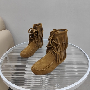 流苏中筒靴真皮女靴2024秋冬新款 平底圆头系带复古牛反绒马丁靴潮