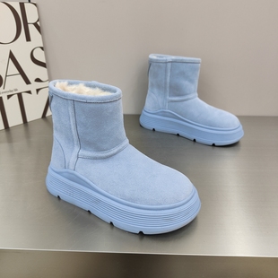 真皮厚底增高雪地靴女2025冬季新款圆头套筒长毛保暖潮款短筒靴女