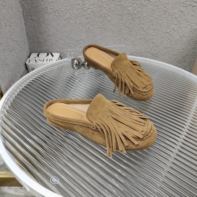 磨砂牛皮流苏包头拖女夏季新款平底圆头手工缝制粉色绿色舒适女拖,女鞋,包头拖,淘宝优惠券,粉丝福利购,淘宝优惠卷